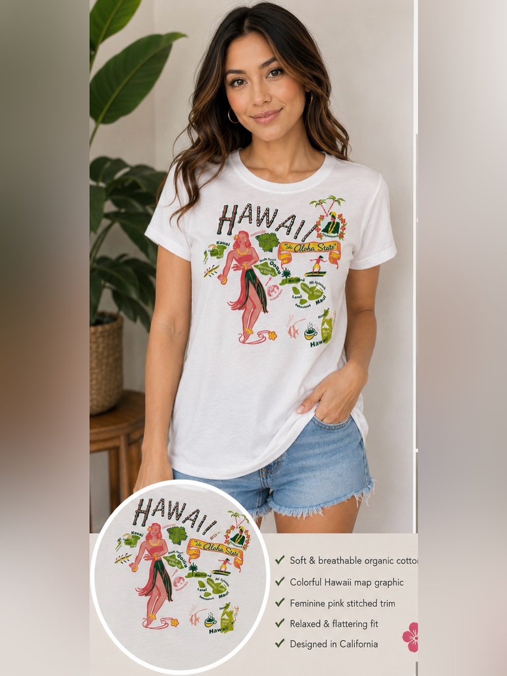 Catstudio Hawaii T-Shirt Size Medium 100% organic cotton Feminine Charming Bling